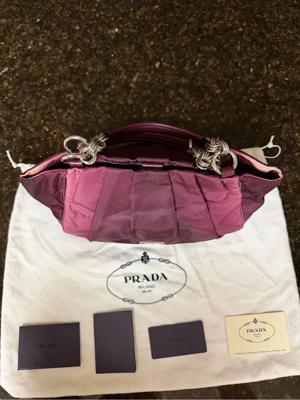 Prada Two-Tone Plum Satin Shoulder Bag with Chain Handles - Picture 5 of 14